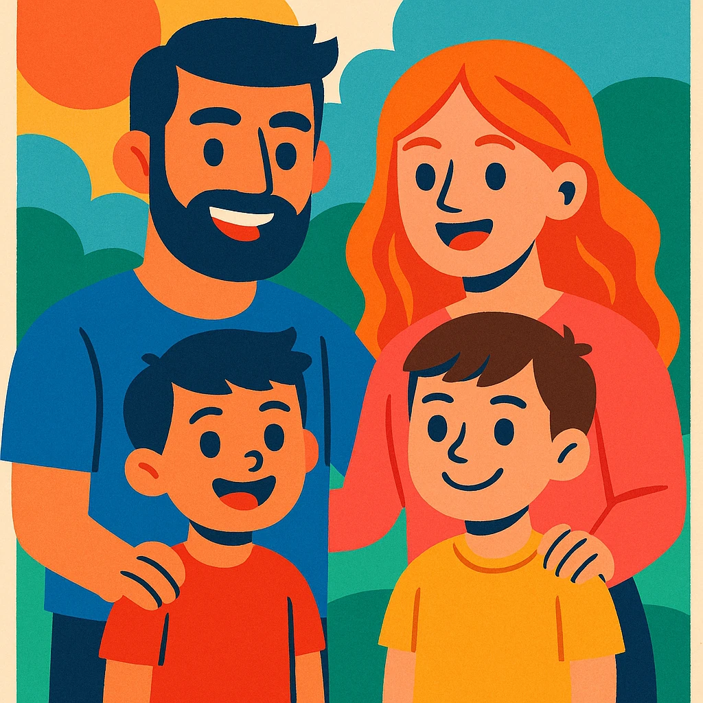 vibrant cartoon style illustration of a heterosexual couple with two boys emoji