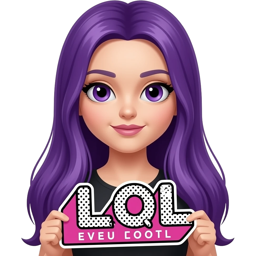 sexy girl with long purple hair and purple eyes holding a L O L sign emoji
