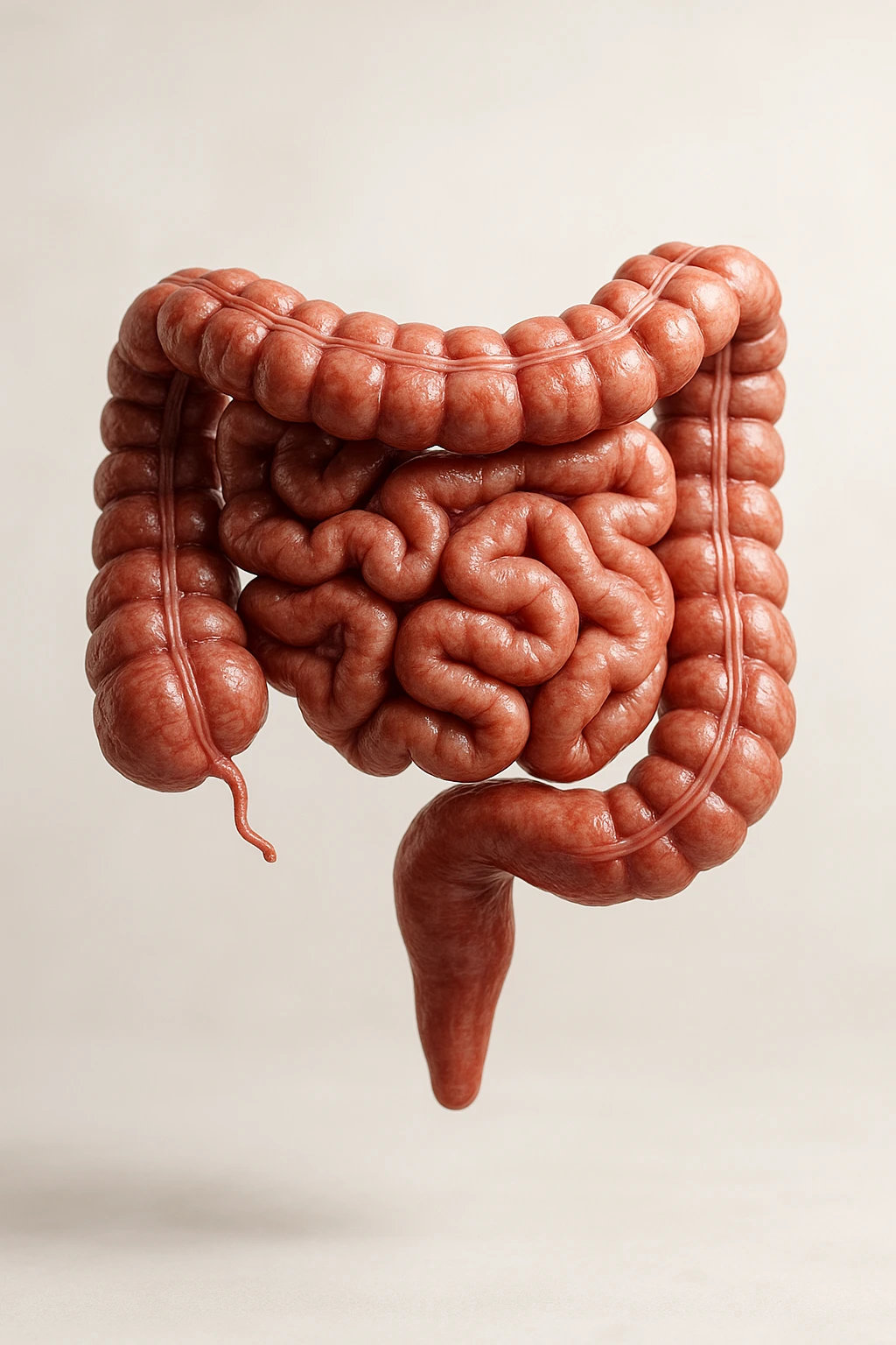 INTESTINO UMANO ANATOMICO REALISTICO FLUTTUA IN ARIA, SFONDO CHIARO, iperrealistico 4k emoji