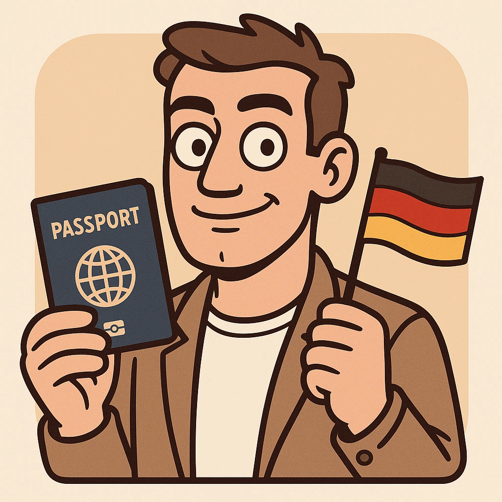 cartoon character with a passport and a small German flag, confident and trustworthy, modern app icon style emoji