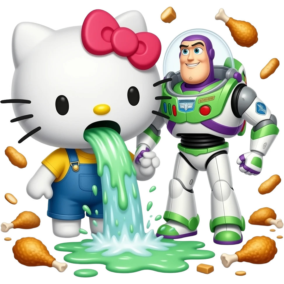 green and white, throwing up, Hello Kitty and Buzz throwing up together, a lot, covering the ground in vomit, Niagara Falls coming out of her mouth, with bits of food in it, fried chicken drumsticks emoji