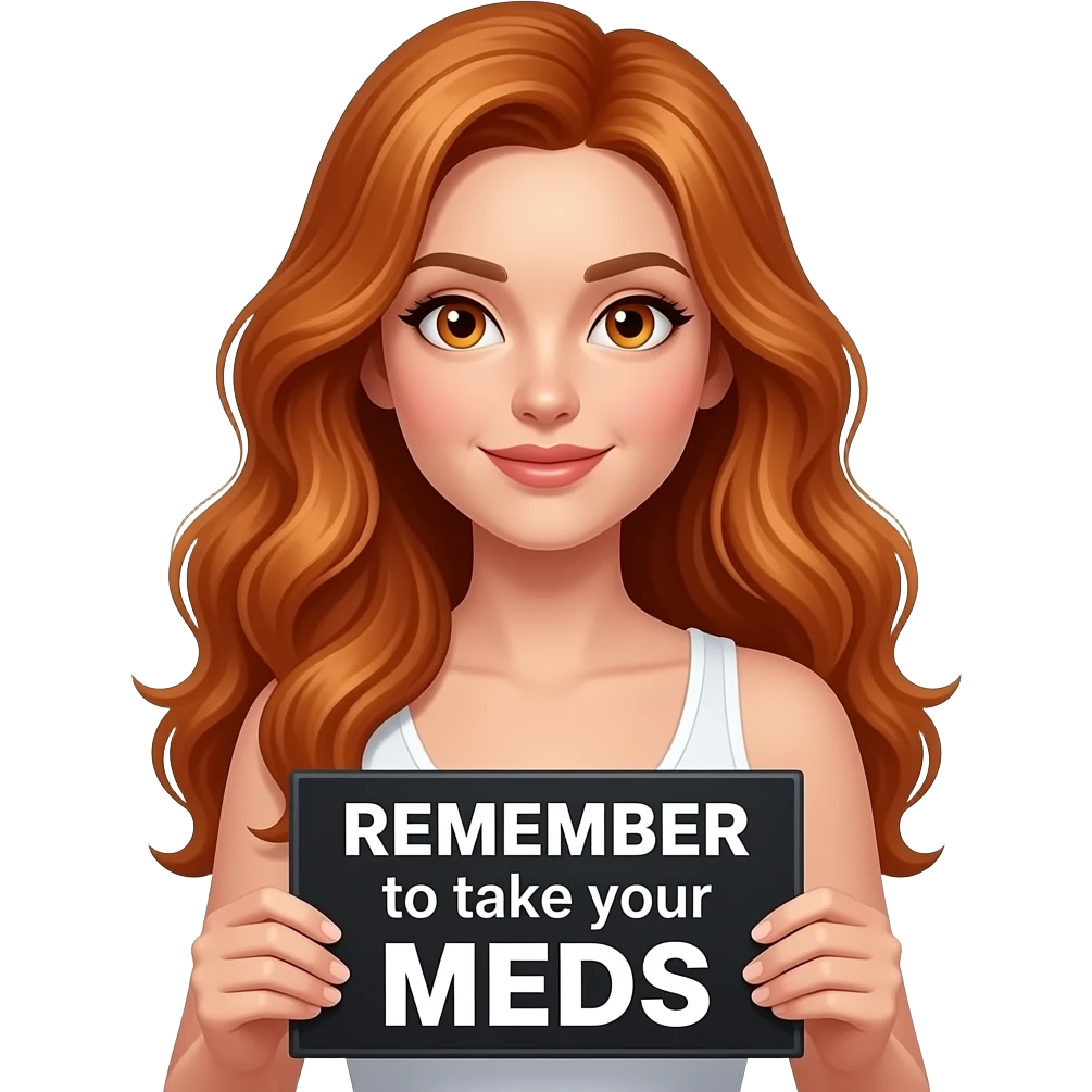 sexy girl with long wavy ginger hair and ginger eyes wearing a white tanktop is holding a black colored sign with REMEMBER to take your MEDS written on it emoji