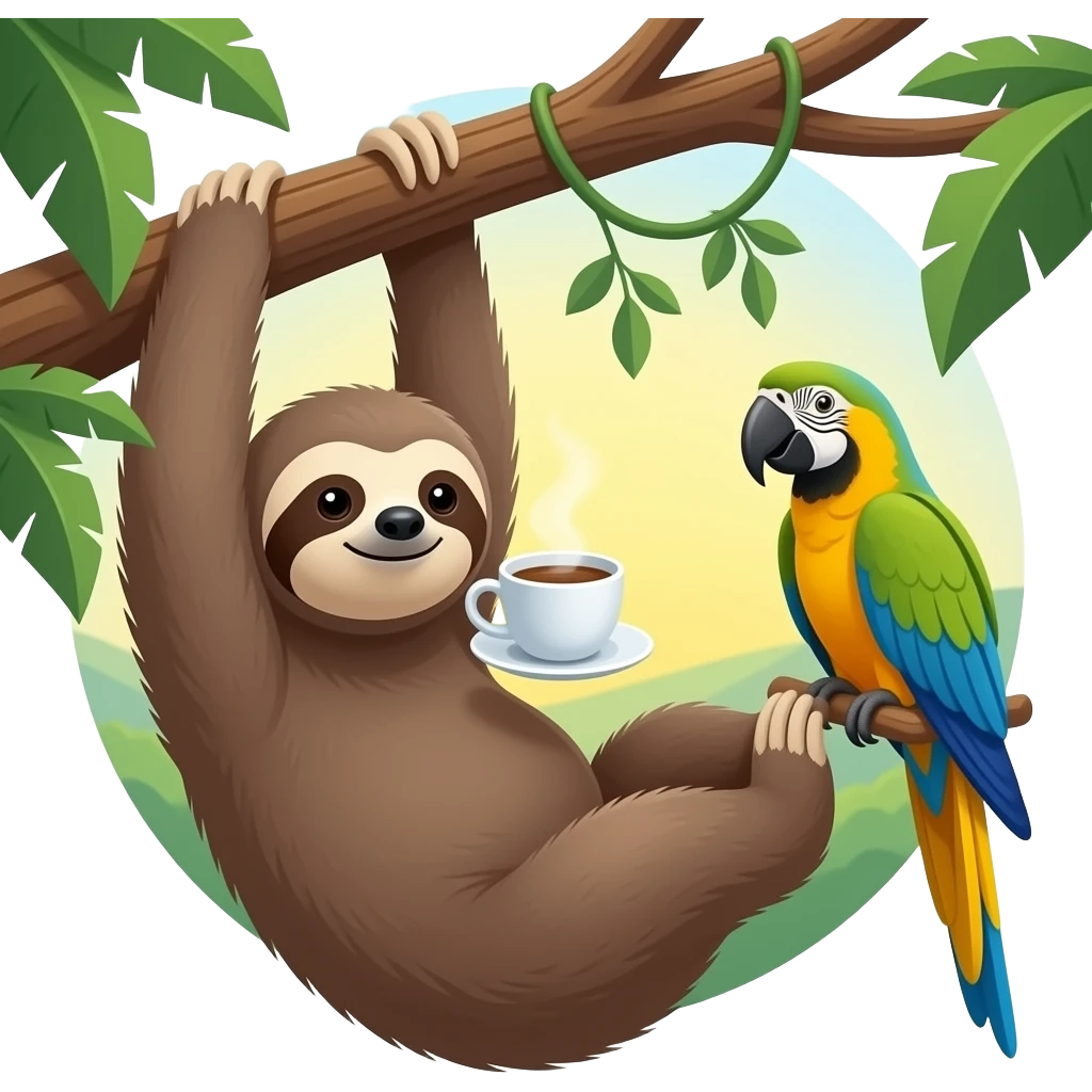 sloth tree morning coffee hanging sunrise jungle paradise parrot emoji