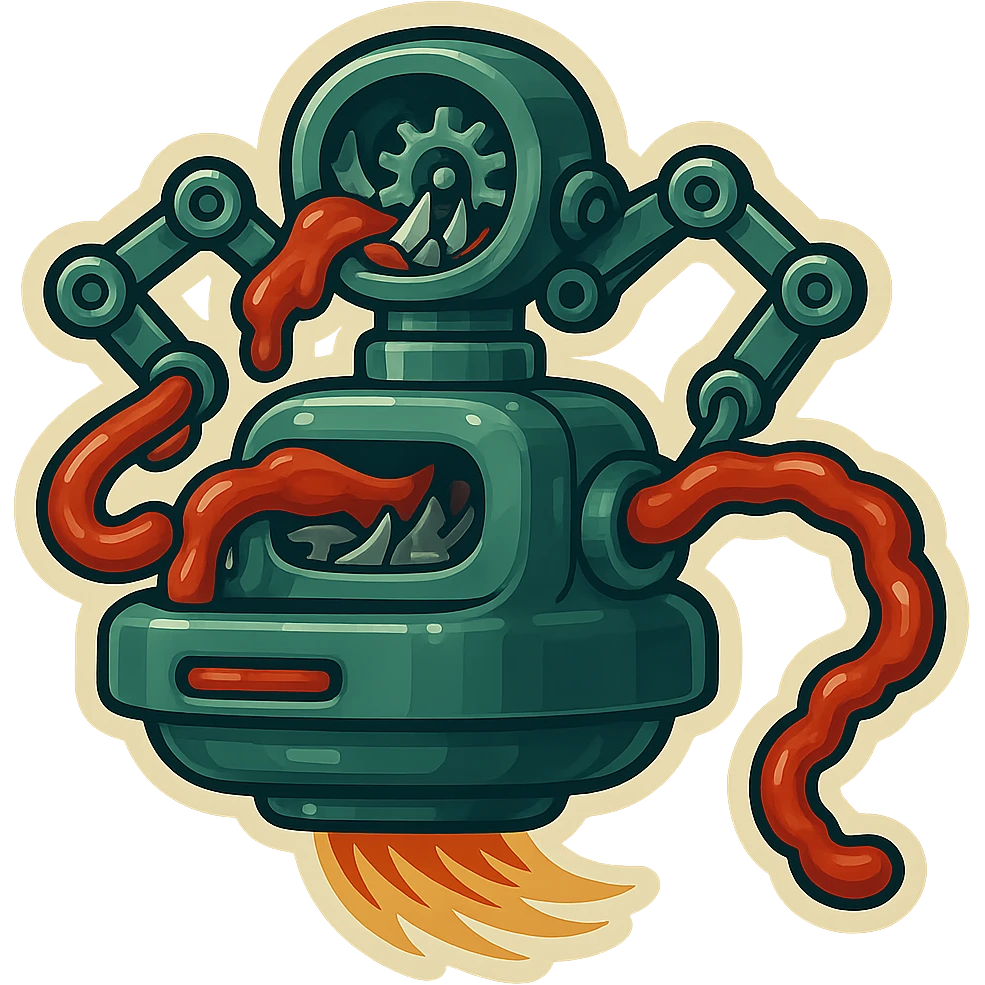 hovering robot. stuffs material into large hole on its top with 2 arms. no head. hole is where a head would be. spinning gears and blades in hole grind material.  3/4 view. between realism and cartoon. well lit. no dramatic lighting. metallic shiny robot. works diligently. drake humor emoji