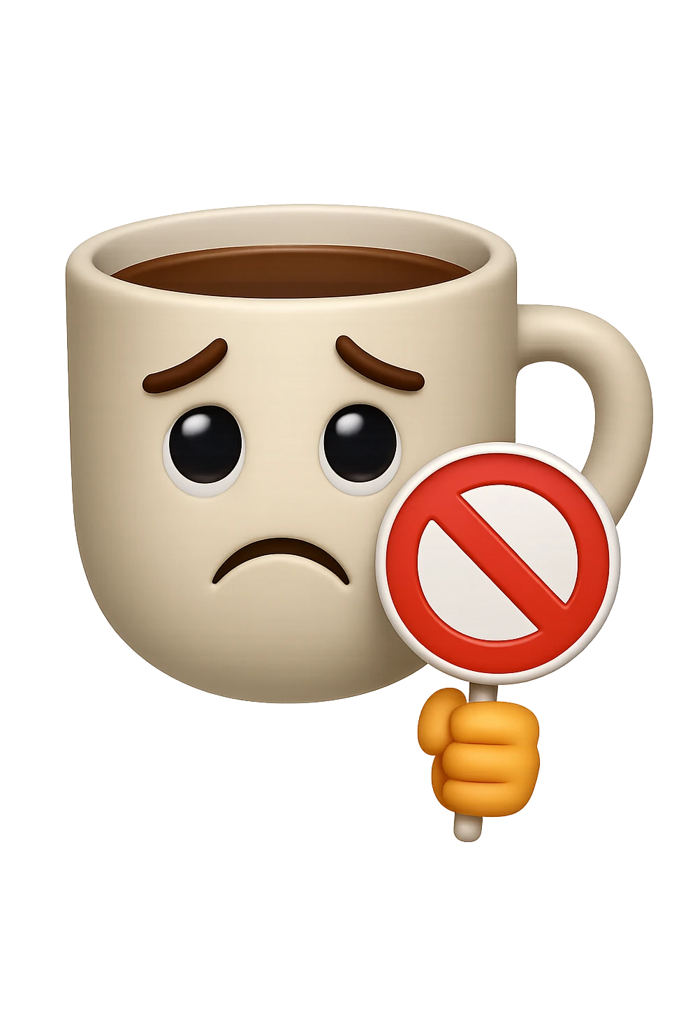 emoji stile iphone di una tazzina di caffè con espressione triste in volto mentre tiene un divieto in mano, iperrealistico 4k emoji