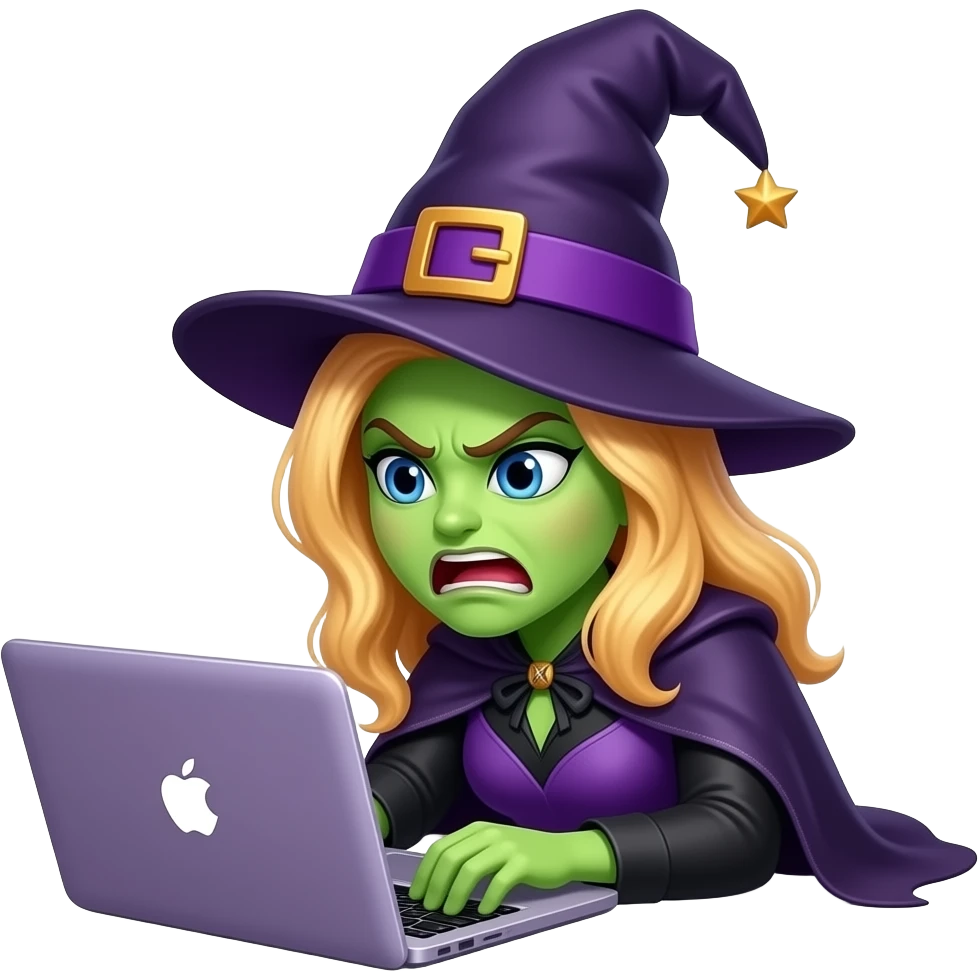 blonde witch, resting head on purple apple macbook keyboard, looking angry,purple and black outfit, muttering code out loud emoji