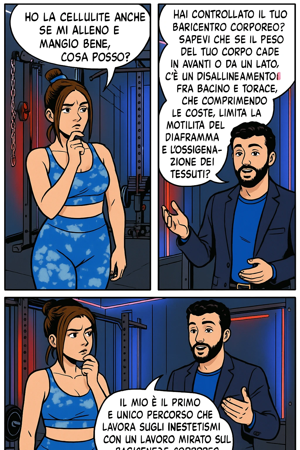 TRASFORMA QUESTO CAROSELLO IN UN FUMETTO CON QUESTE DUE PERSONE IDENTICHE CHE INTERLOQUISCONO TRA LORO:

LEI: Ho la cellulite anche se mi alleno e mangio bene, cosa posso fare?

LUI: Hai controllato il tuo baricentro corporeo?
Sapevi che se il peso del tuo corpo cade in avanti o da un lato, c’è un disallineamento fra bacino e torace, che comprimendo le coste, limita la motilità del diaframma e l’ossigenazione dei tessuti?
Il mio è il primo e unico percorso che lavora sugli inestetismi con un lavoro mirato sul baricentro corporeo. emoji