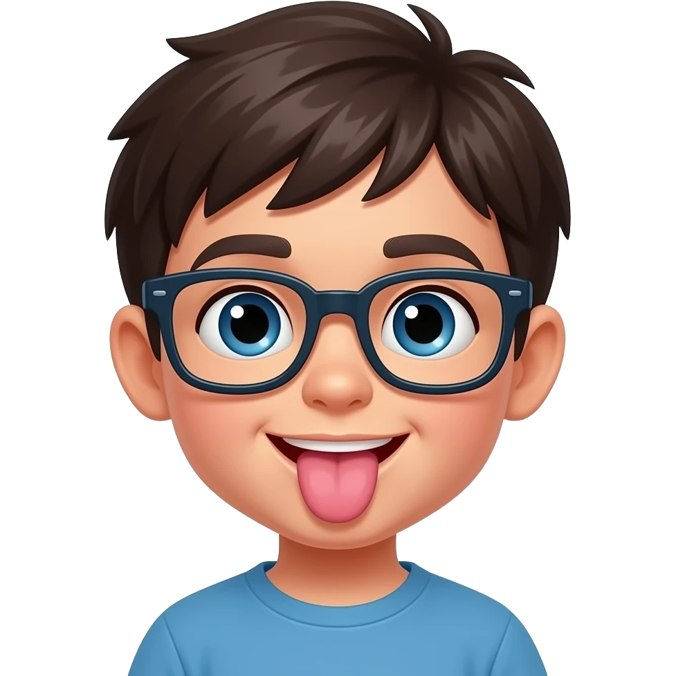 Ters bir gözlük gözlük takmış esmer bir çocuk ve ekrana yakın olsun dili de dışarıda olsun emoji