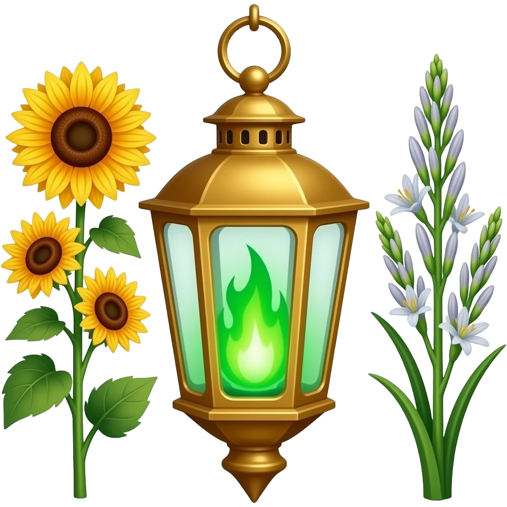 A golden hanging lantern with a bright emerald flames, an empty loop on top, fae themed sunflowers on the left and fully bloomed asphodels on the right as part of the design, but simple focus more on the green flames, paint the glass more green, have its bottom point come to some sort of point emoji