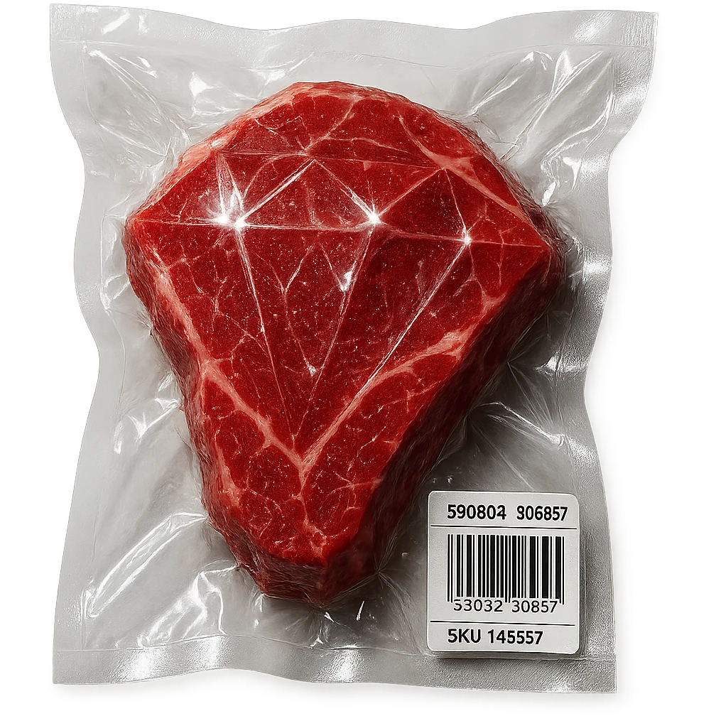 steak with diamond facets and sparkling highlights, glossy and puffy vacuum-sealed style emoji
