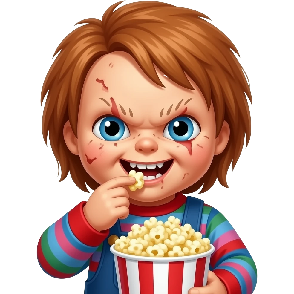 chucky with damaged face eating bucket of popcorn emoji
