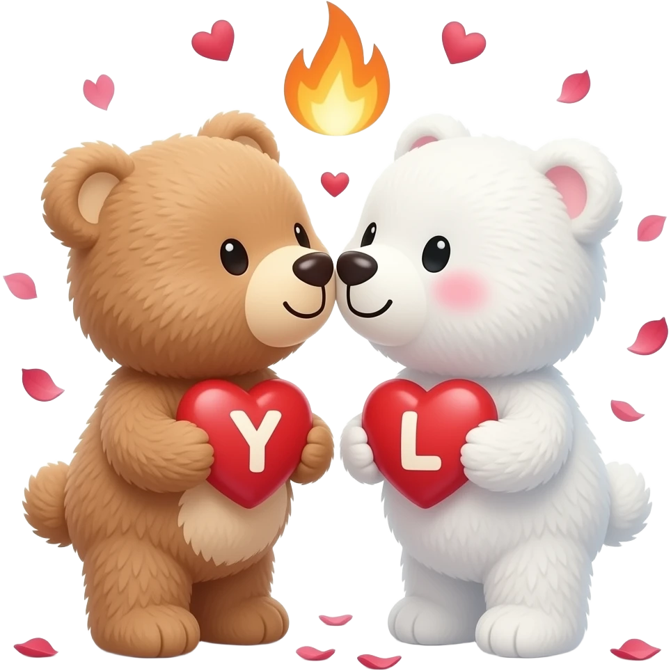 I want one light brown bear teddy kissing on cheek white bear teddy both holding heart , both a little furry, the  white bear blushes and smiles , add letter Y to the heart of the brown bear and letter L to the heart of the white bear , rose petals falling from sky , hearts on fire emoji