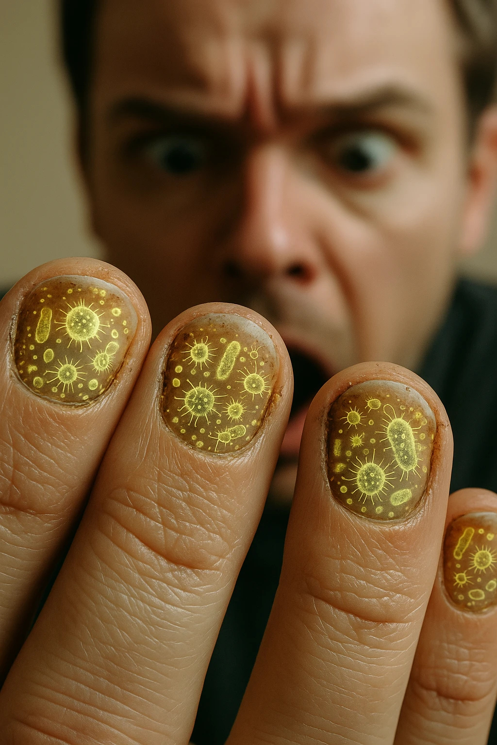 "Close-up macro shot of man's fingernails with transparent overlay showing dense colonies of bacteria, viruses, and parasites thriving in nail beds, millions of pathogens visible as glowing microscopic organisms, expression of shock as he examines his hands under magnification, nail debris containing more germs than toilet water, fingertips becoming mobile germ factories" emoji