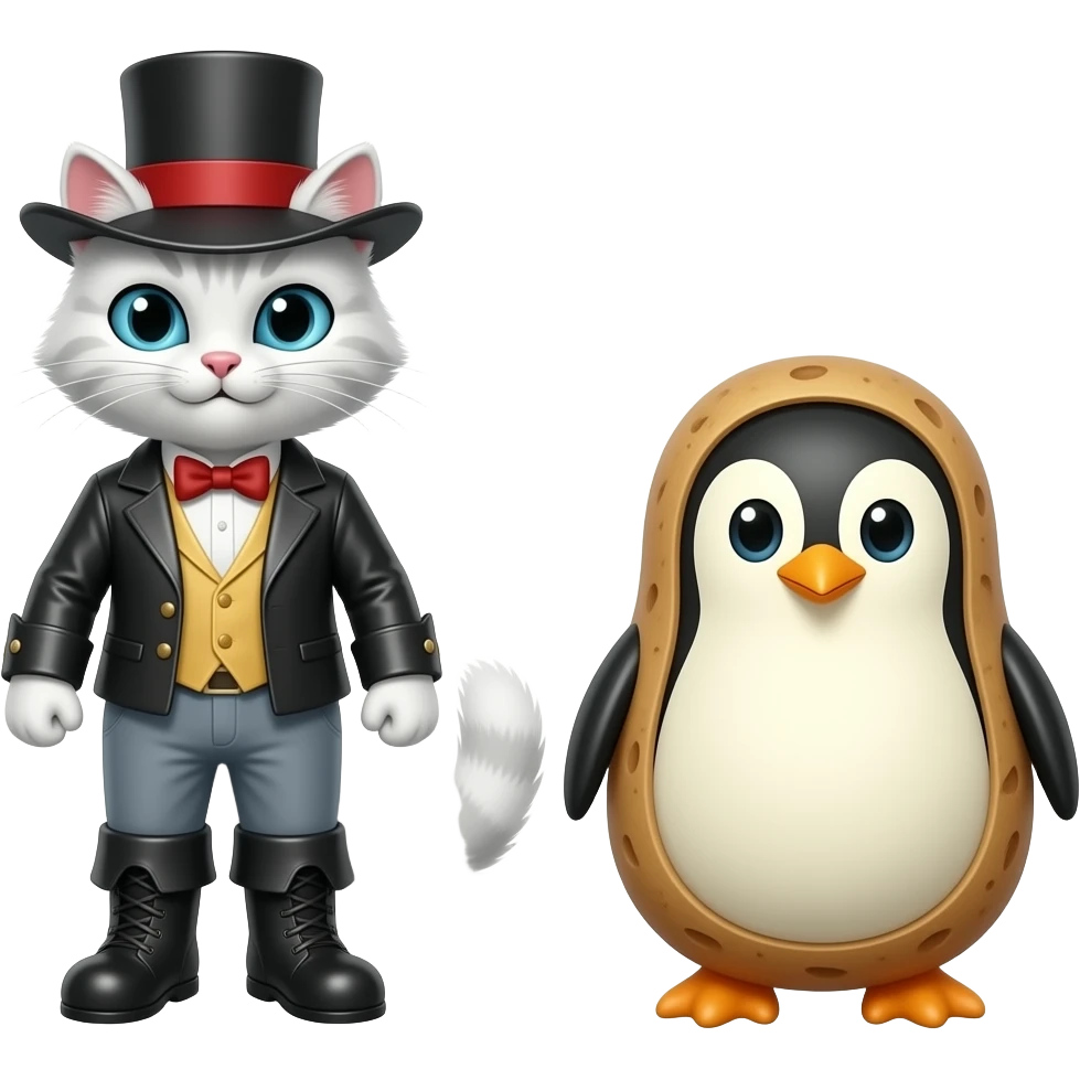 Please make a white-furred version of Puss in Boots and a potato that is penguin-shaped next to it. emoji