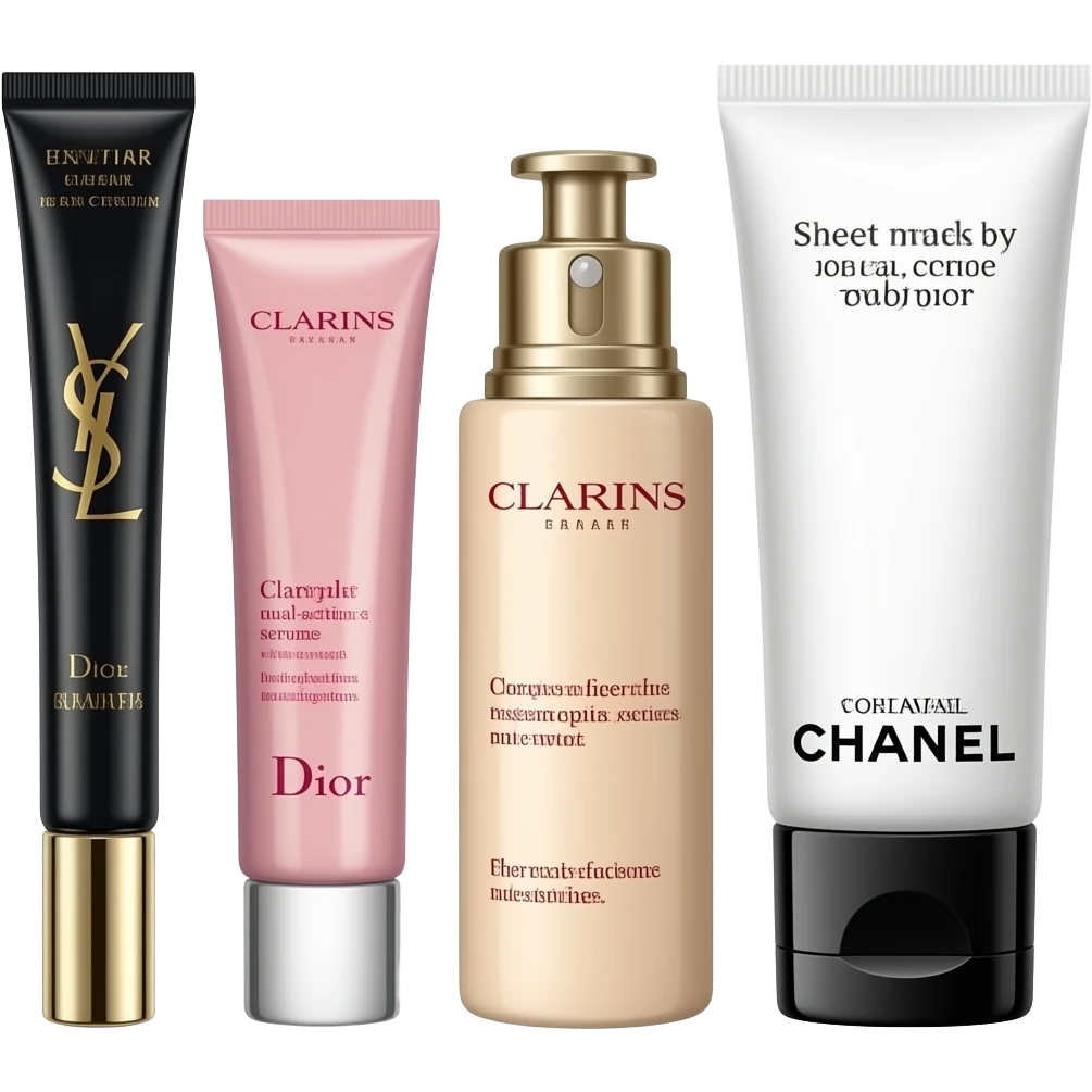 YSL eye cream, Dior face cream, Clarins dual-action serum, Chanel facial cleanser, and a sheet mask—they’re all scattered about emoji