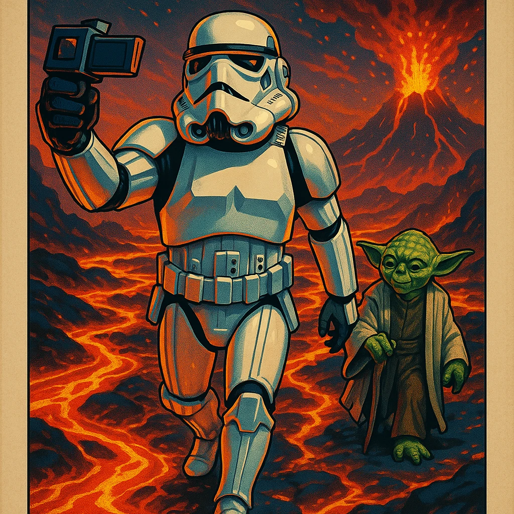 make digital poster art of Camera POV, Starwars stormtroopers vlogging selfie, he is walking on lava planet with yoda
 emoji