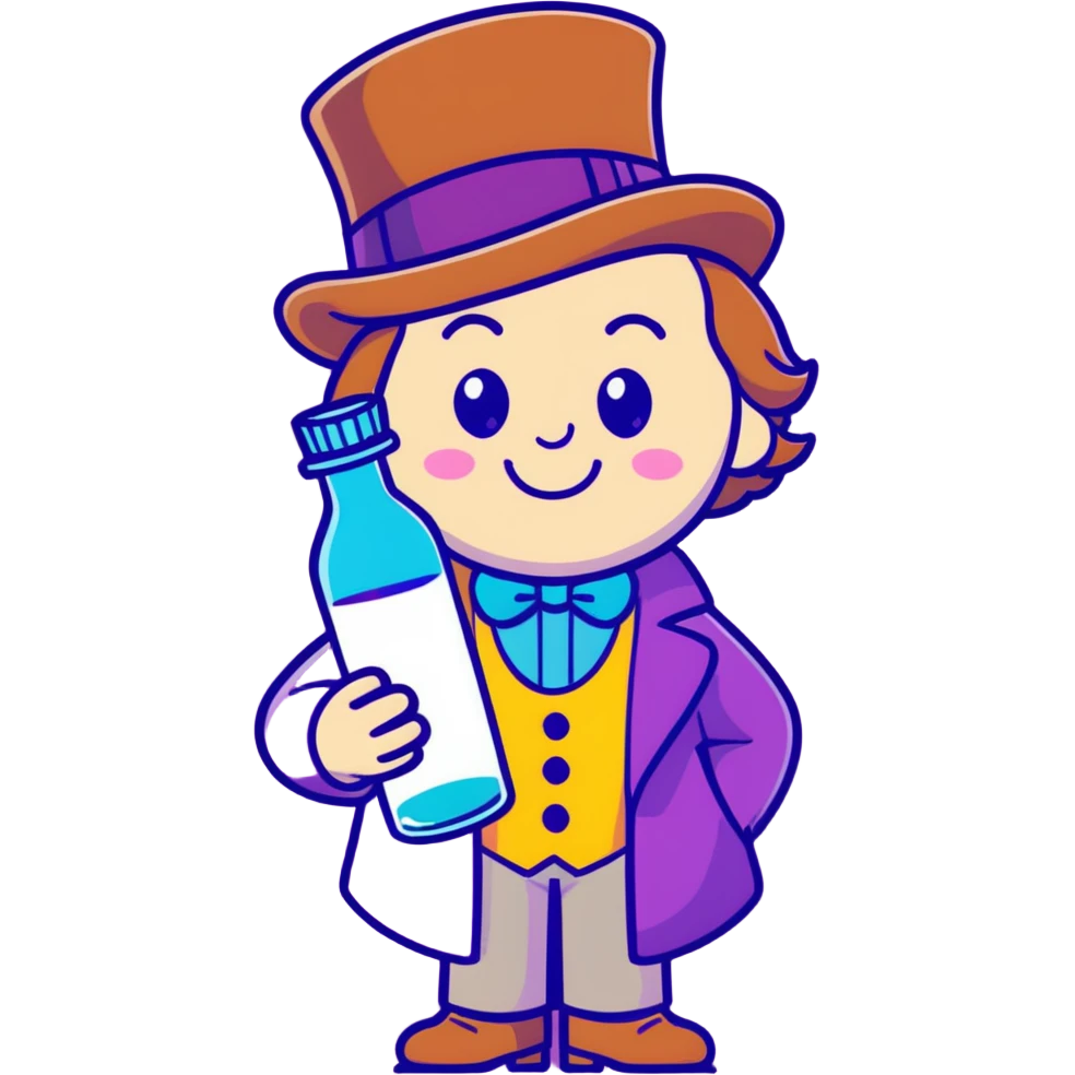 Willy wonka with a clear bottle with purple liquid in it emoji