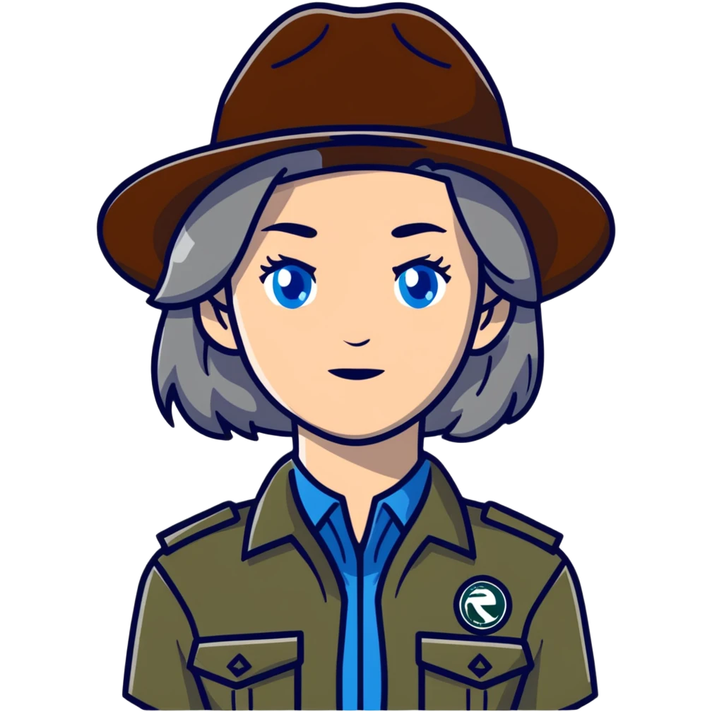 white woman park ranger with brown and gray hair and blue eyes emoji