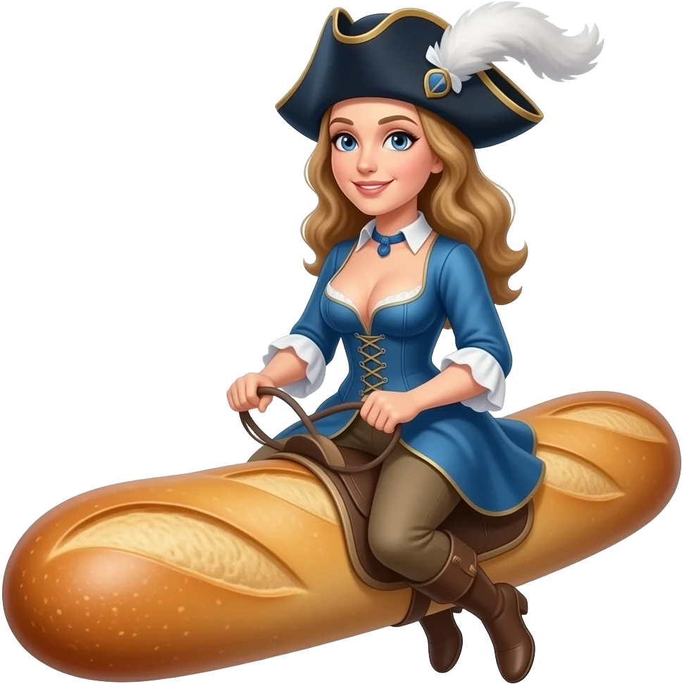 wild historical French Mariana in a tight corset with a large open neckline, with a rebel Jacobin cap riding a narrow French bread emoji