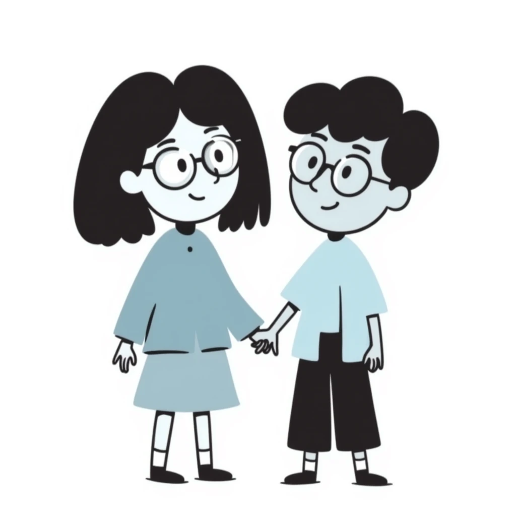 a light brown girl with black medium hair, clear glasses, wearing a light blue top, and a light blue boy next to her emoji