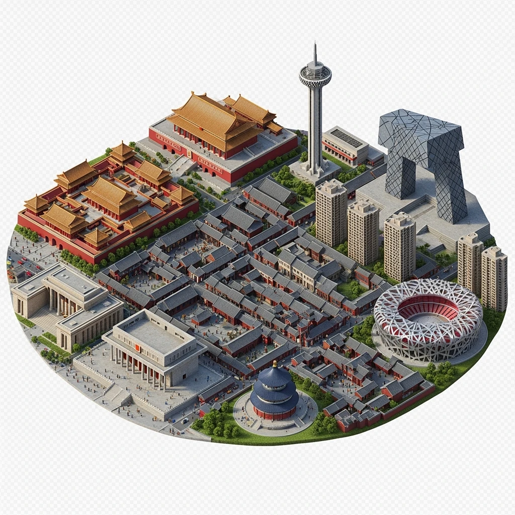 Isometric miniature of Beijing Forbidden City, Tiananmen Square, CCTV Headquarters, Temple of Heaven, Bird’s Nest Stadium and crowded hutong alleys, apartment blocks, 3D miniature effect and Tilt Shift effect, no cartoonish look, transparent background. emoji