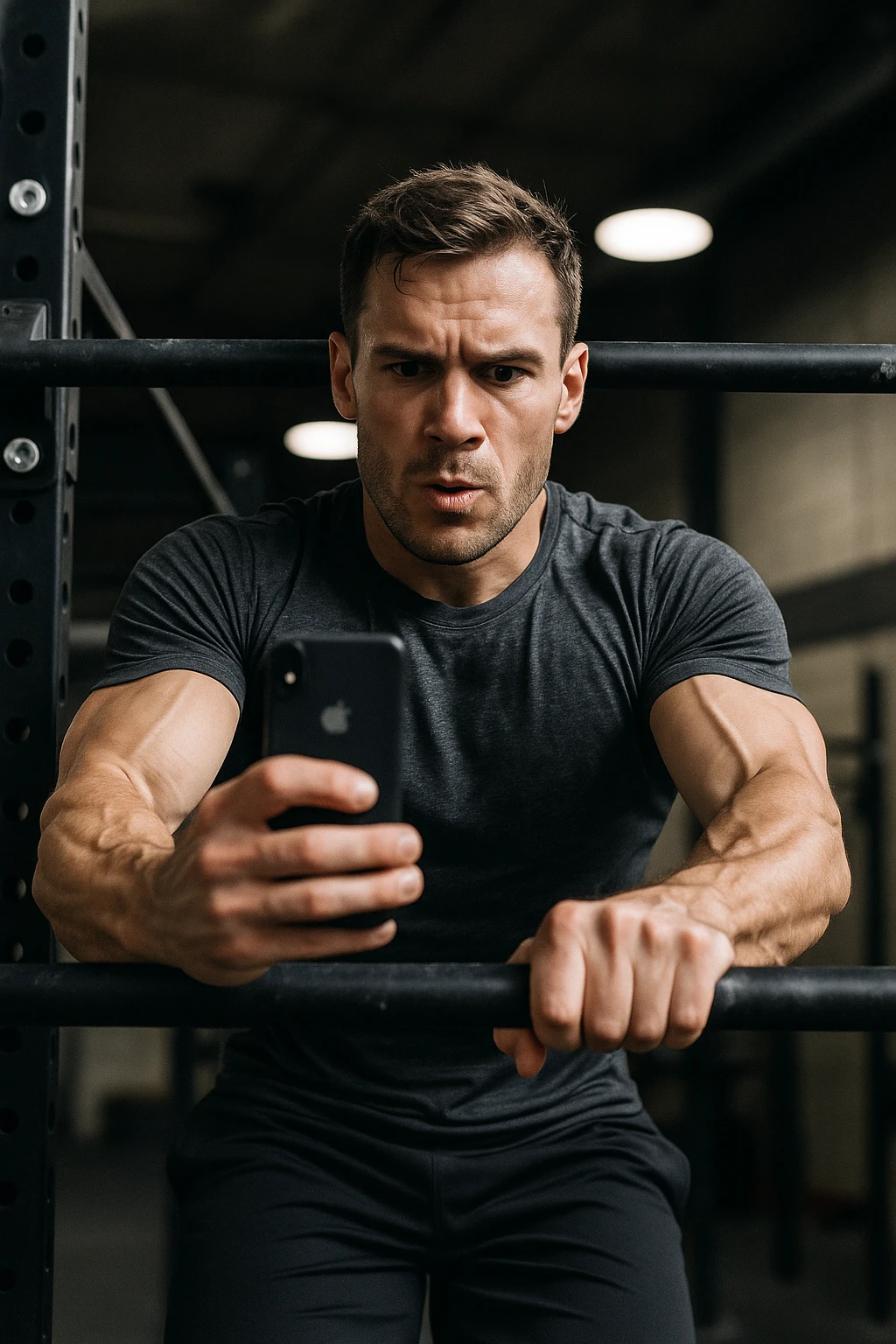 uomo che fa Muscle up e si sta filmando davanti con il telefonino per vedere la sua posizione dei gomiti e delle mani sulla sbarra emoji