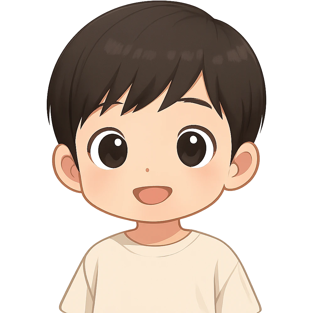 Create a cute emoji of an Asian baby boy with big eyes, round face, soft features, simple and expressive style, emoji look, no background. emoji