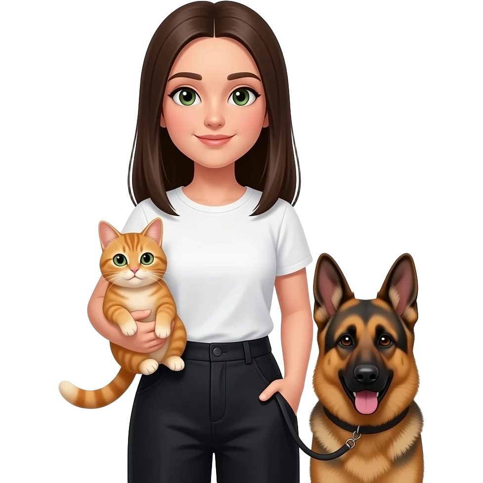 Сделай девочку брюнетку прямые длинные волосы темно зеленые глаза в белой футболке она не должна быть длинно и заправленнойв оверсайз черных штанах в руках у нее рыжий кок со светло зелеными глазами и еще у нее в руке поводок черный от немецкой овчарки и ета собака коло девочки emoji