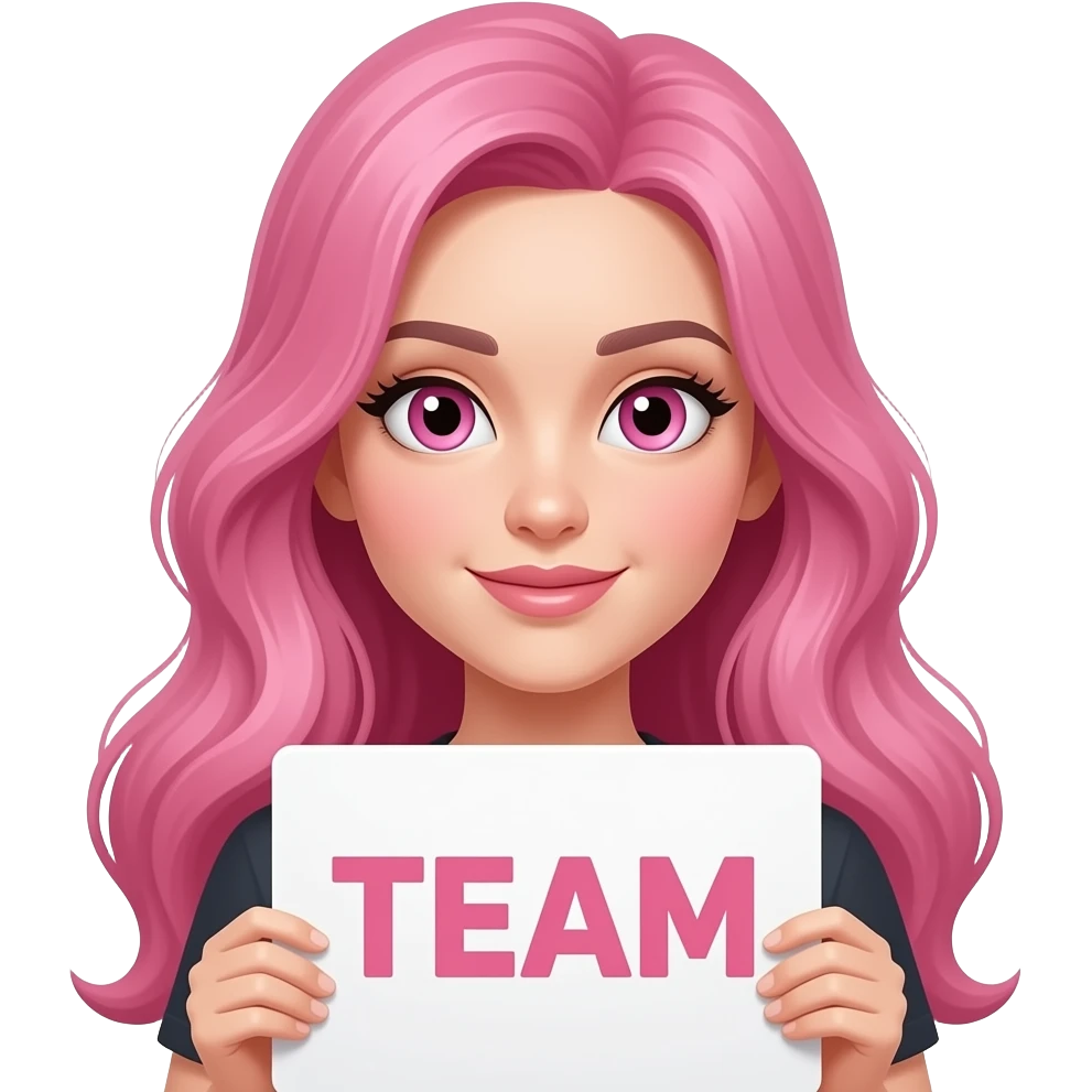 sexy girl with long pink hair and pink eyes holding a TEAM whoever the VILLAIN is sign emoji