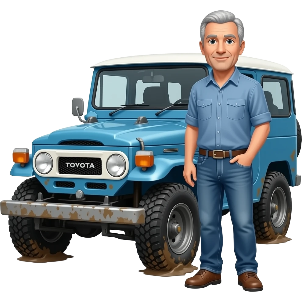Toyota fj40 Land Cruiser emoji style with balding grey hair man with clean shaven face wearing jeans and short sleeve shirt standing next to blue fj40 with mud on tires emoji