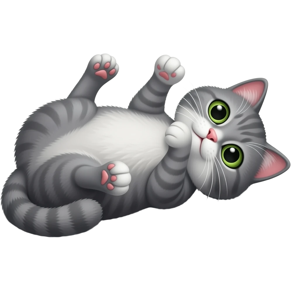 Pisica gri cu ochi verzi și fata rotundă care stă în fund emoji