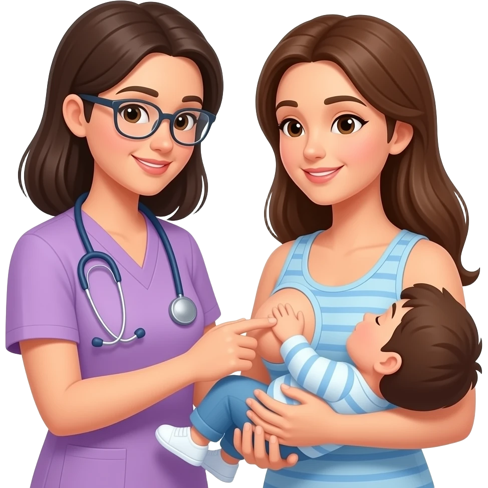 consejera de lactancia vestida con un  ambo ayudando a otra mujer a amamantar emoji