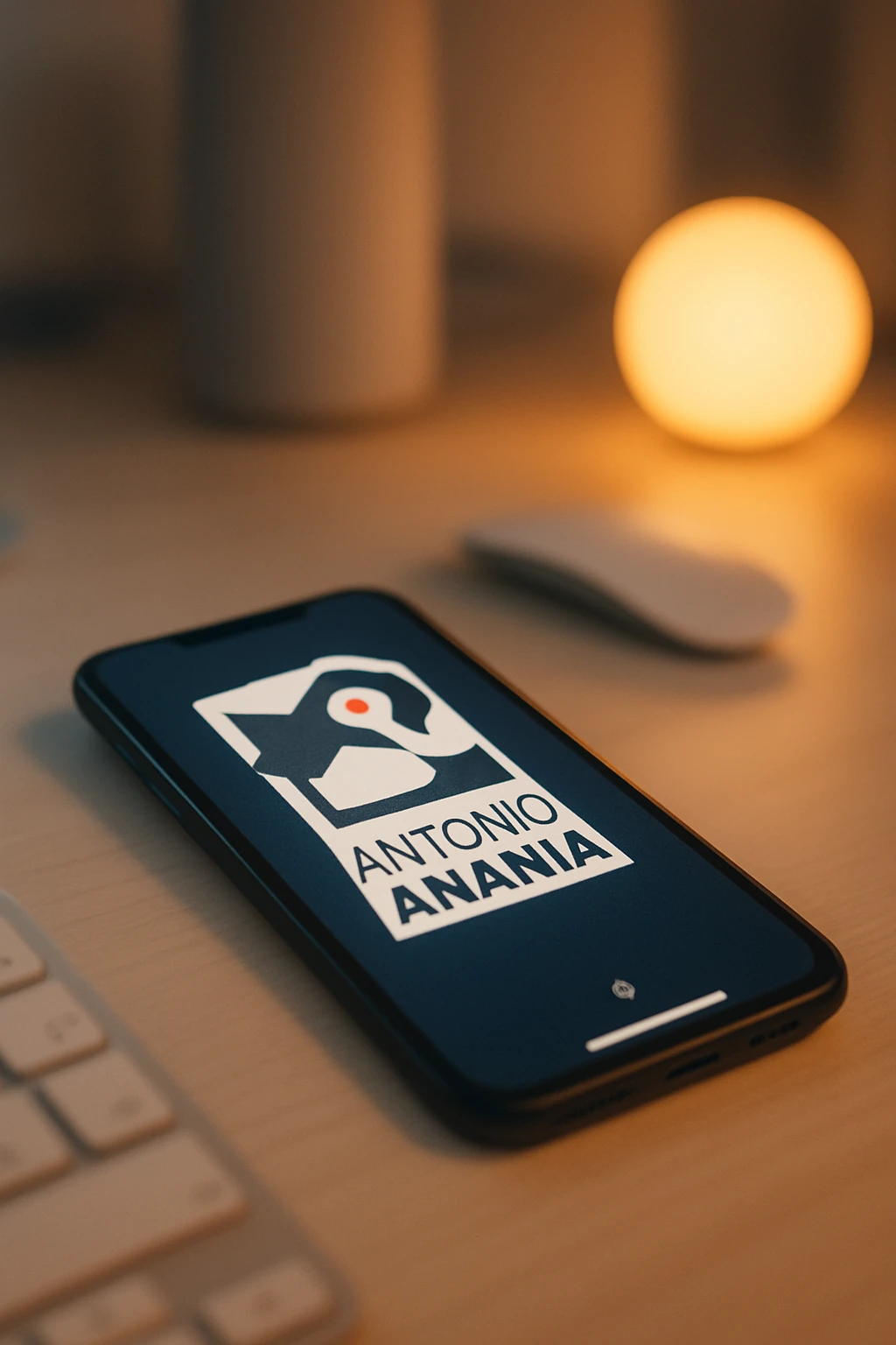 A photo of an iPhone on the desk with the message "Antonio Anania" on its screen, The phone sits atop a desk with a blurred background that suggests work environment. A faint glow from above casts gentle shadows across the surface of each object, creating depth and highlighting their textures emoji