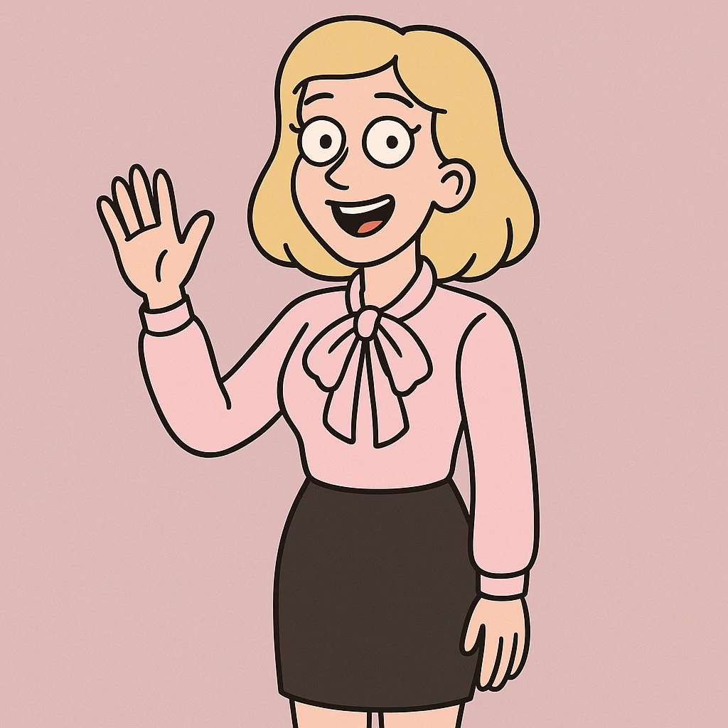 A woman light yellow hair Sky pink Flavia Pussy Bow Blouse Black Numana Straight Skirt a hand say hello emoji