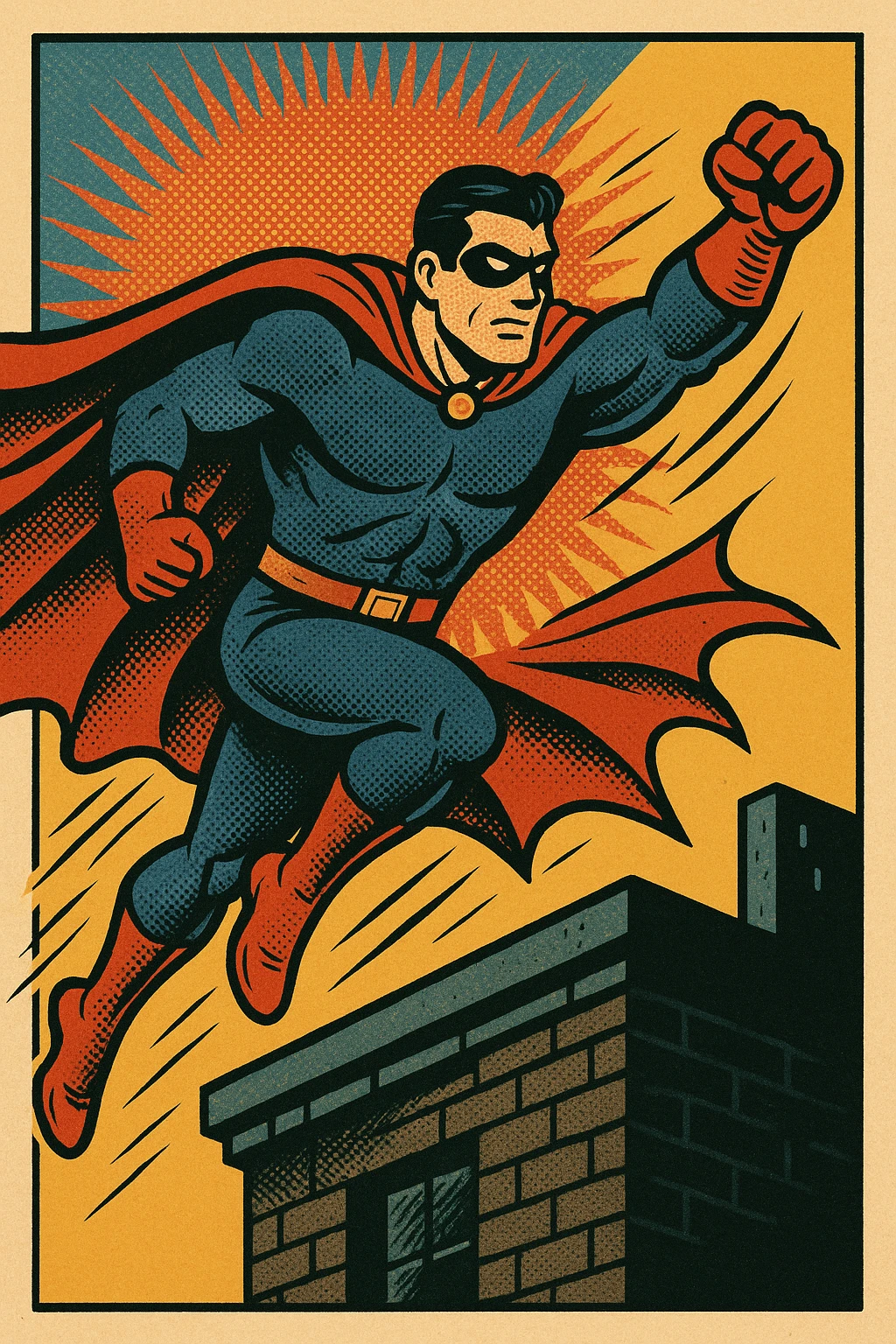 Hero leaping from a rooftop with cape trailing.
 emoji