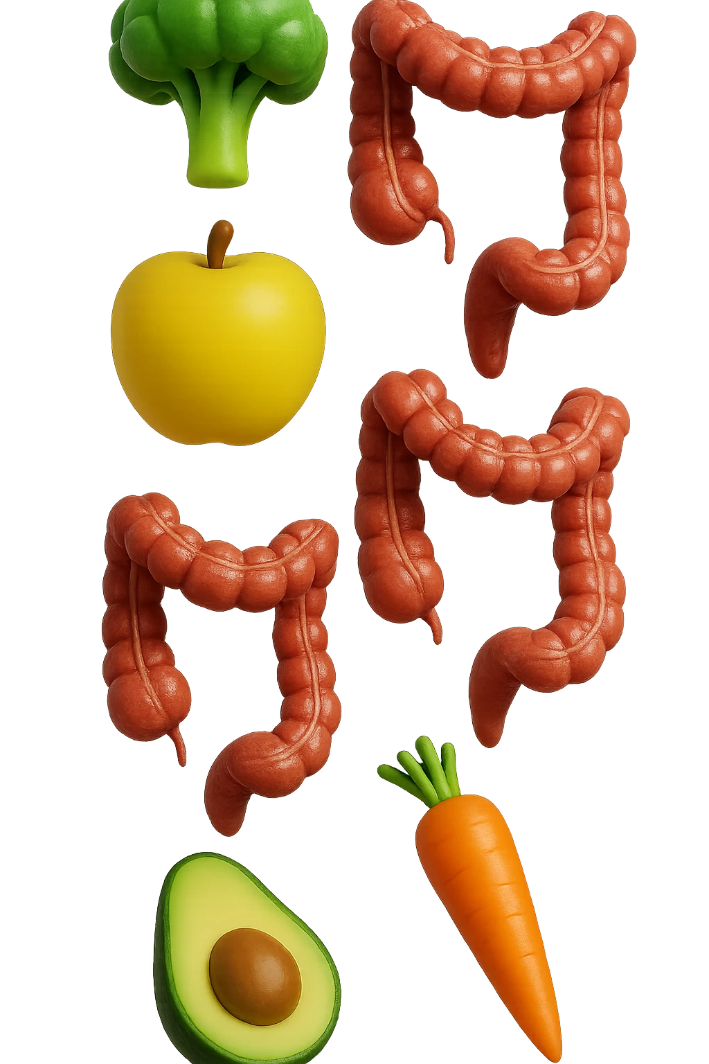emoji stile iphone in 3d di cibo sano che fluttua in aria vericalmente insieme a pezzi di colon umano anatomico, iperrealistico 4k emoji