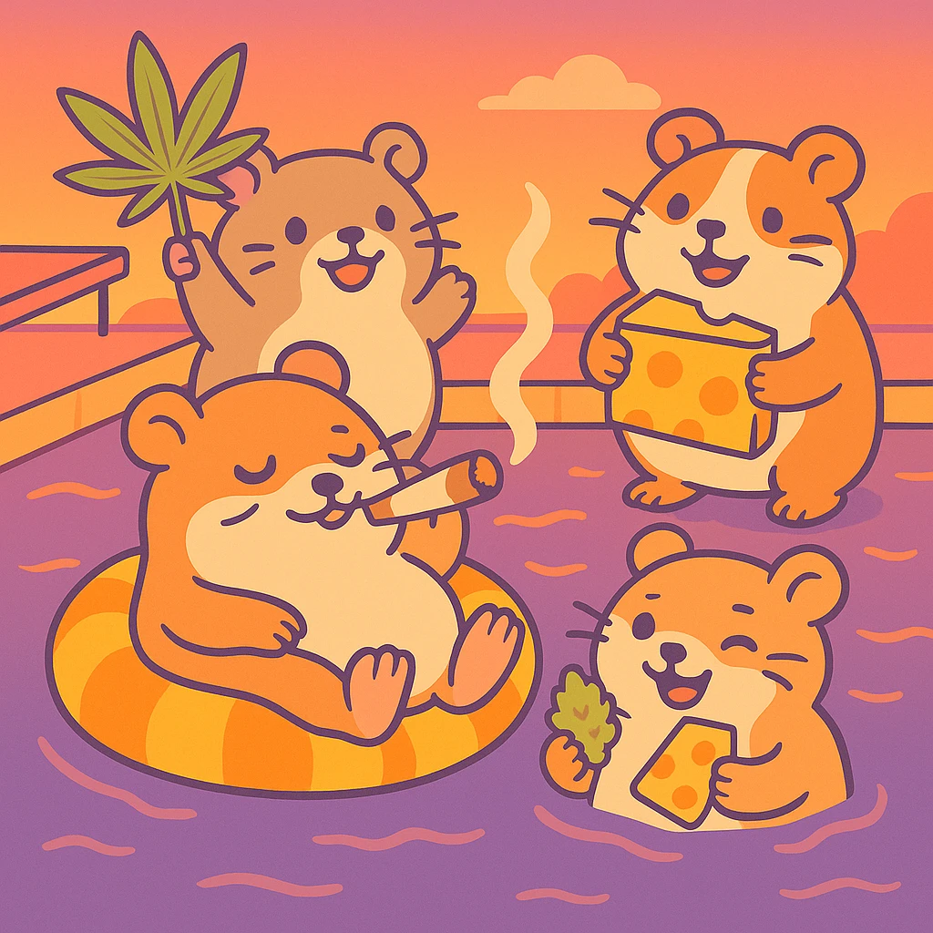 Add a pastel sunset background with gentle orange, pink, and purple gradients behind the pool party scene. Maintain the pastel toon style with a nostalgic, fun, and inviting summer party vibe, including THC/weed/cheese theme elements. emoji