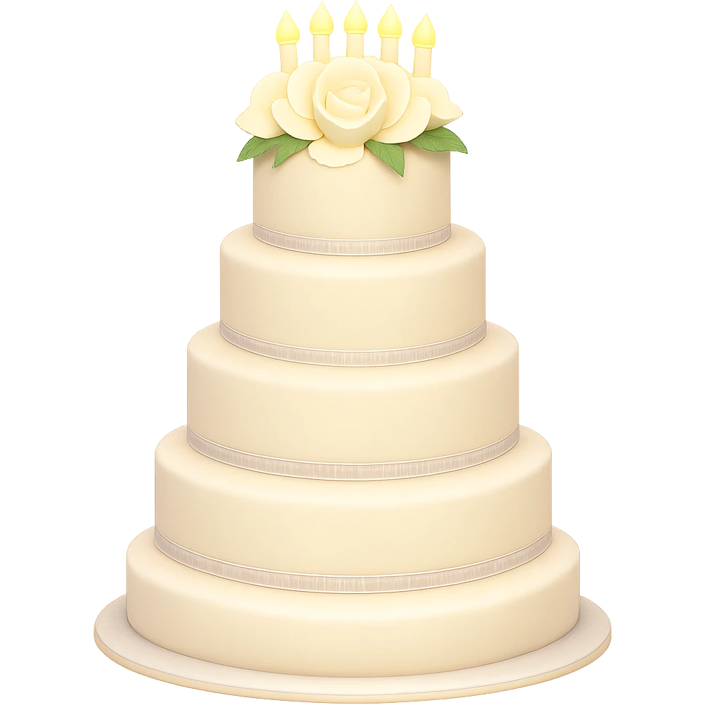 Add a soft glow effect to the white wedding cake with floral decorations. Keep the background transparent. The style is emoji style with a soft glow effect. emoji