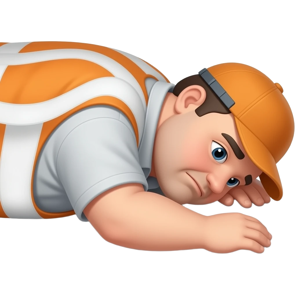 fat MAN, no hat, IN ORANGE HIVIS OVERALLS, not happy, laying face down on floor, side view emoji