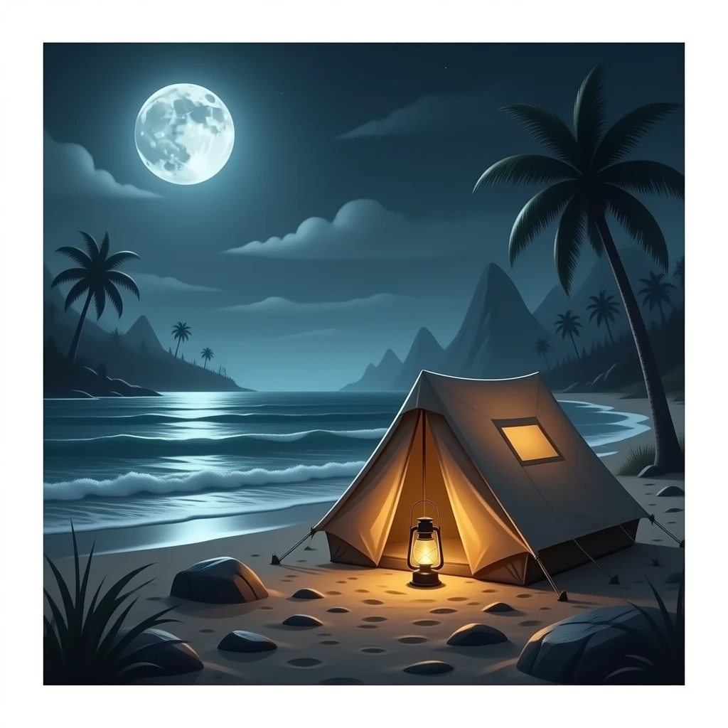 Tent with a light on in it on a moonlit beach in apocalyptic disease emoji