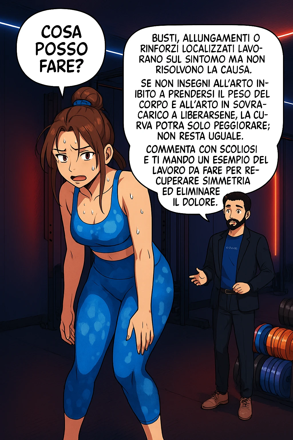 ispirati a questo stile di disegno e fai questa immagine in versione manga/webtoon a colori, il manga mostra la donna preoccupata che chiede: "COSA POSSO FARE?" E L'UOMO CHE RISPONDE: Busti, allungamenti o rinforzi localizzati lavorano sul sintomo ma non risolvono la causa. Se non insegni all’arto inibito a prendersi il peso del corpo e all’arto in sovraccarico a liberarsene, la curva potrà solo peggiorare; non resta uguale. Commenta con scoliosi e ti mando un esempio del lavoro da fare per recuperare simmetria ed eliminare il dolore. emoji