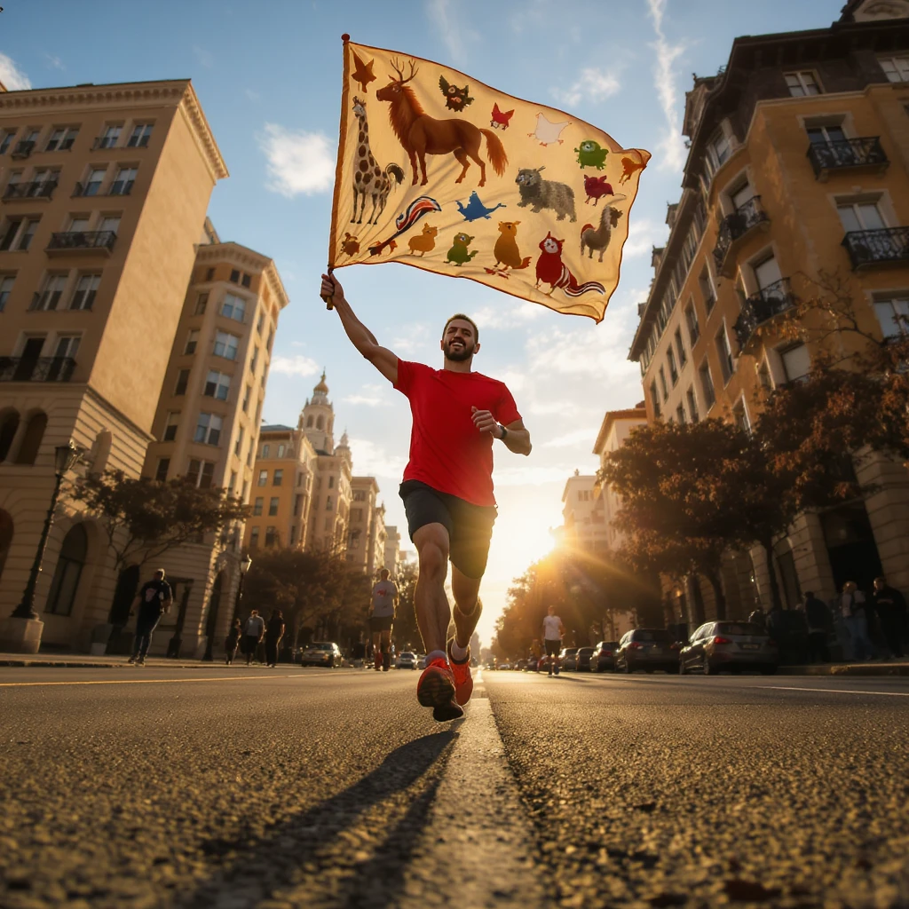 happy runner waving a flag of animals emoji