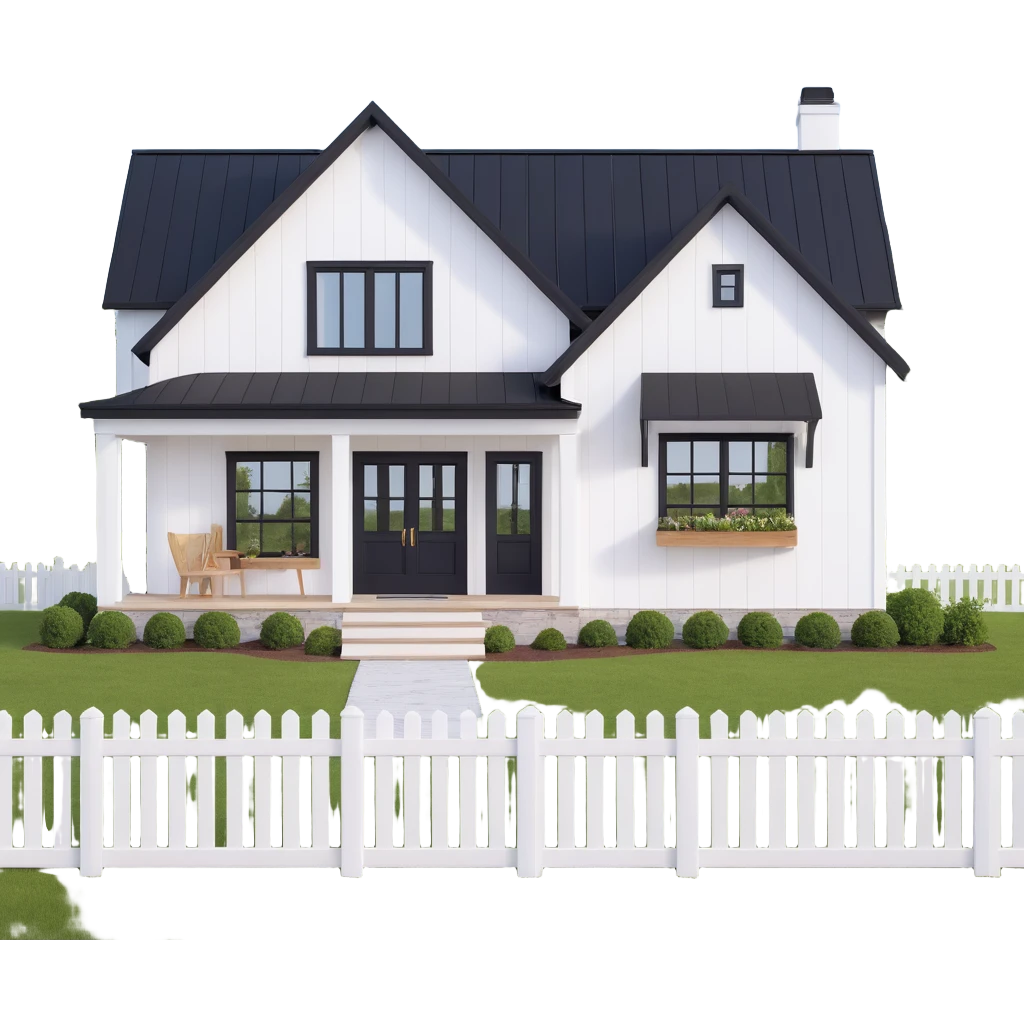 modern farmhouse with white siding and black trim emoji