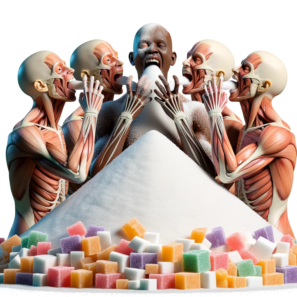 corpo umano anatomico che si abbuffa di dolci e zuccheri, montagna di zuccheri davanti a lui, iperrealistico 4k, isolato su sfondo bianco emoji