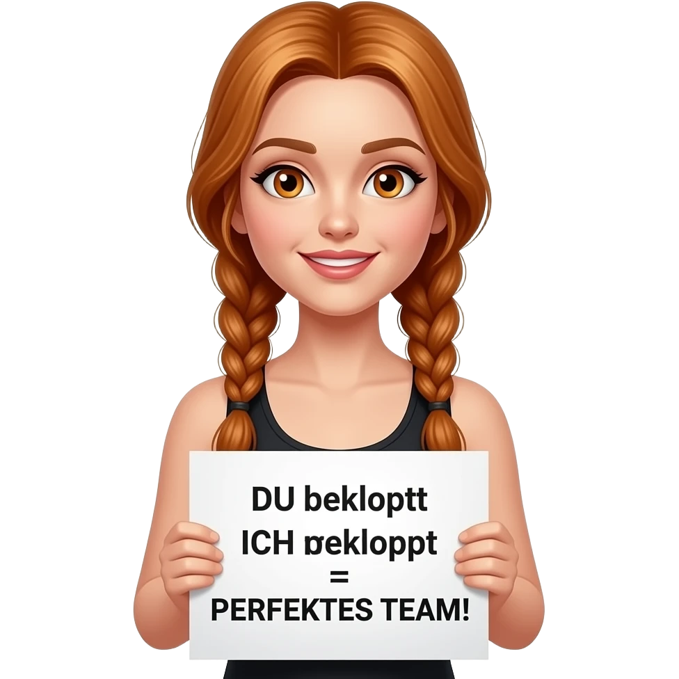 sexy girl with long ginger braids and ginger eyes wearing a black tanktop and is holding a white sign with DU bekloppt ICH bekloppt = PERFEKTES TEAM! written on it emoji
