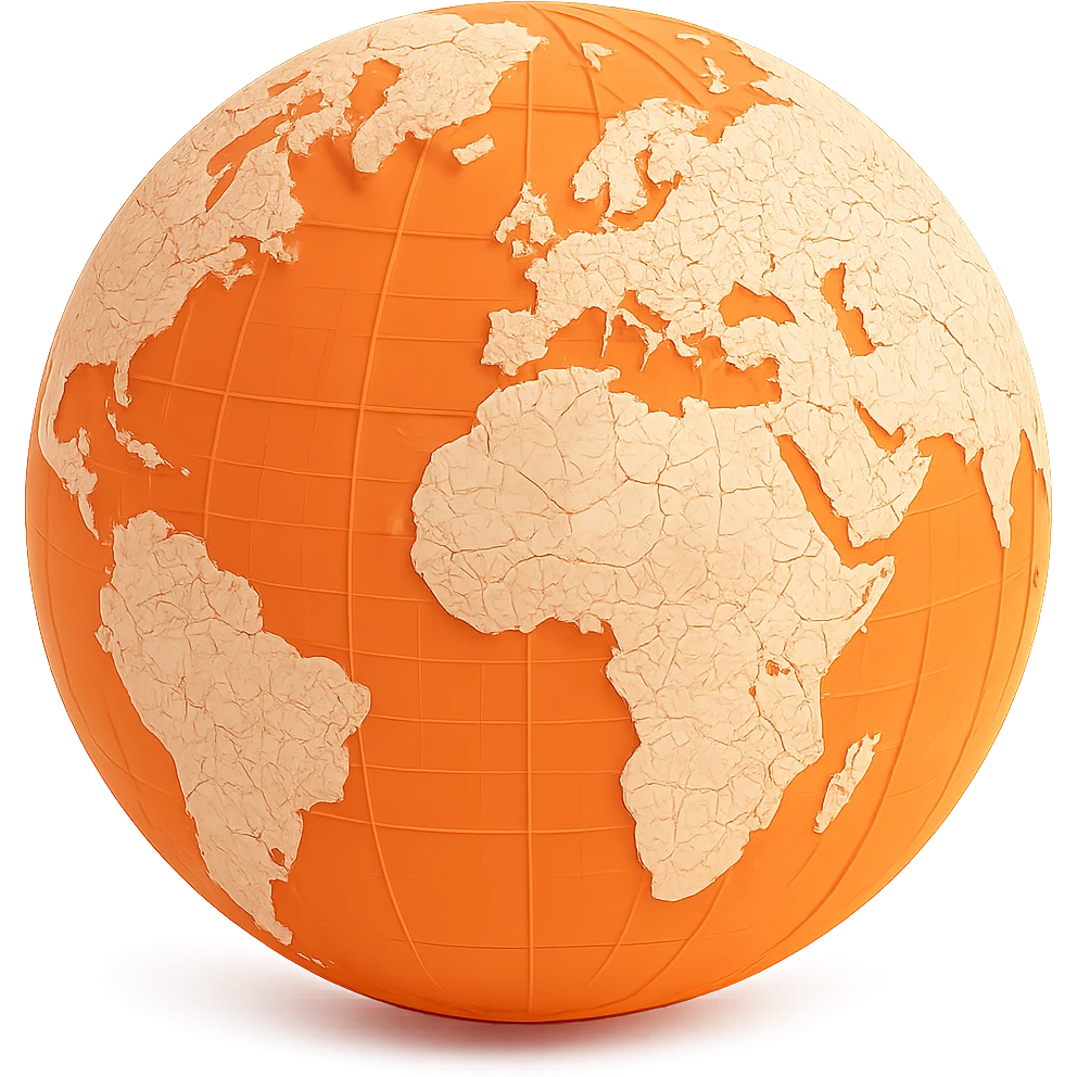 Add detailed map outlines to the white land areas on this 3D orange globe icon, keeping the modern 3D orange style, with no background. emoji