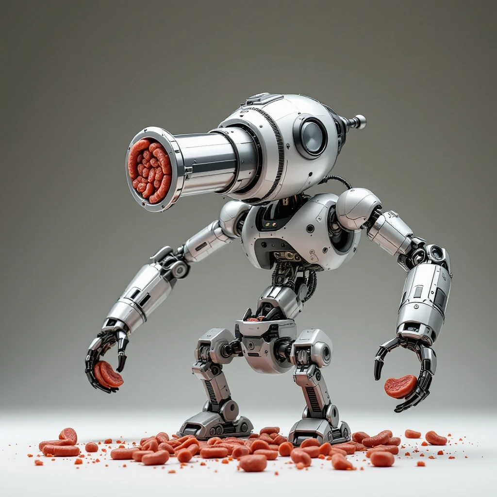 a robot that has a meat grinder for a head. 2 arms that stuff meat into the meat grinder and sausage links come out of the rear. The robot hovers. shoves meat into its mouth to grind emoji