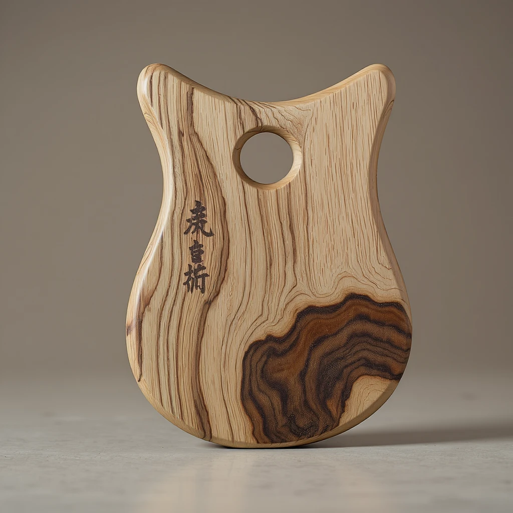 a tree wood gua sha tool, realistic, natural wood grain, smooth edges, elegant shape emoji