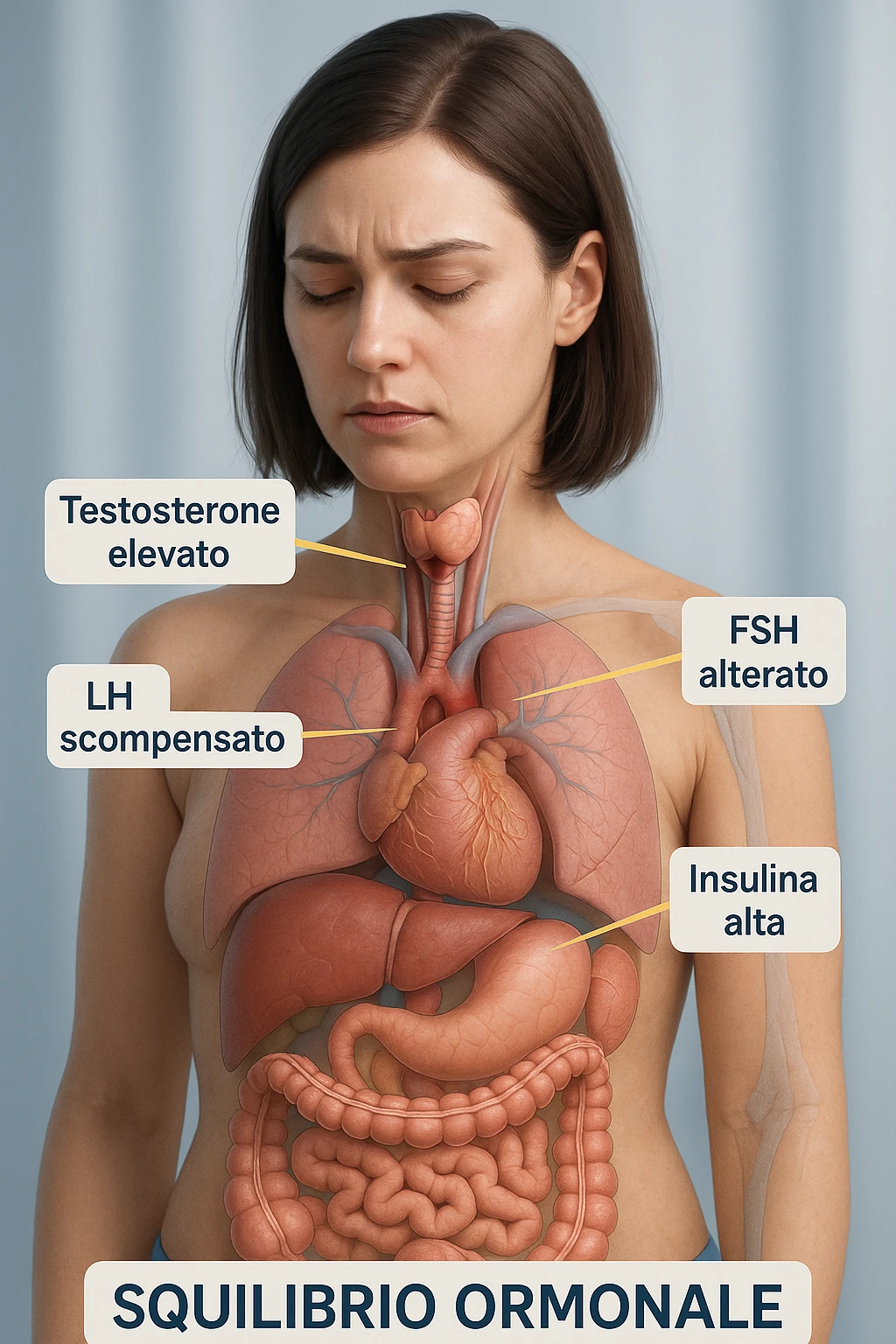 medical 3D vertical image 2:3 of a woman with PCOS showing imbalanced hormones inside the body such as testosterone, LH, FSH, insulin causing problems, visually highlighting hormonal imbalance, clinical atmosphere, realistic details, captions in Italian emoji