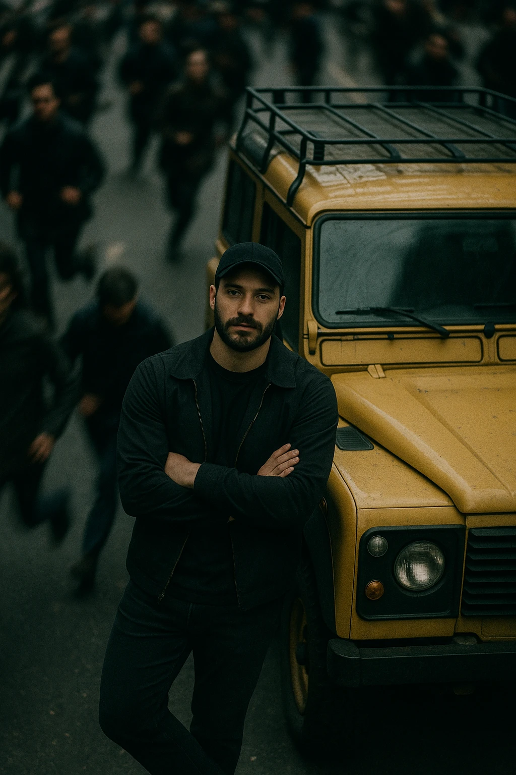 An aerial cinematic shot of me leaning against a yellow land rover defender on the street, wearing a t-shirt under a black jacket. A blurry crowd of people running around me. Gloomy lighting, 35mm film style, shallow depth of field, sharp focus on me.  emoji